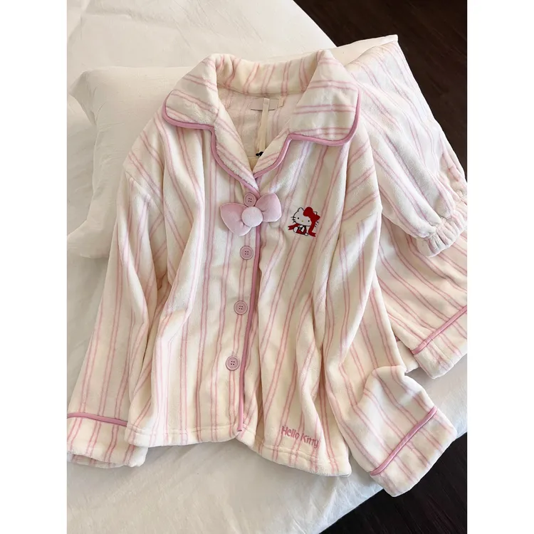 韩系条纹Kitty法兰绒睡衣女秋冬季保暖开衫长袖长裤家居服套装ins