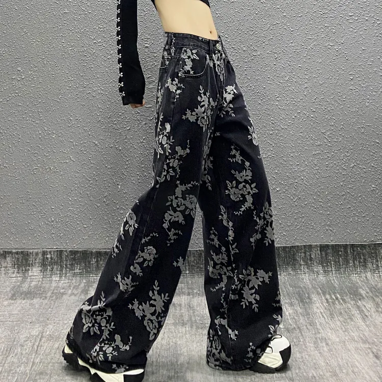 拼色印花水洗休闲牛仔裤女春新款高腰宽松显瘦百搭直筒阔腿拖地裤