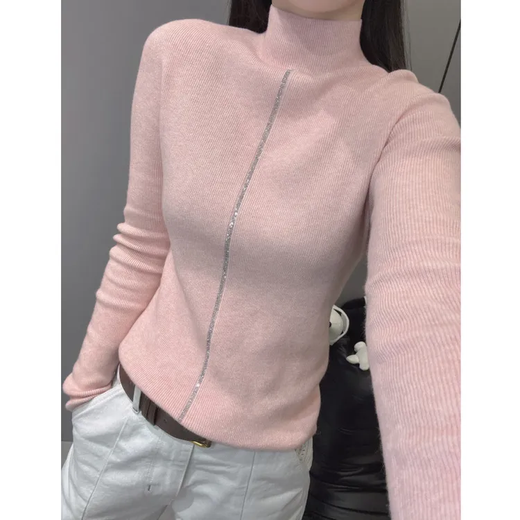 欧洲站烫钻毛衣打底衫长袖女秋冬款设计感修身内搭针织半高领上衣
