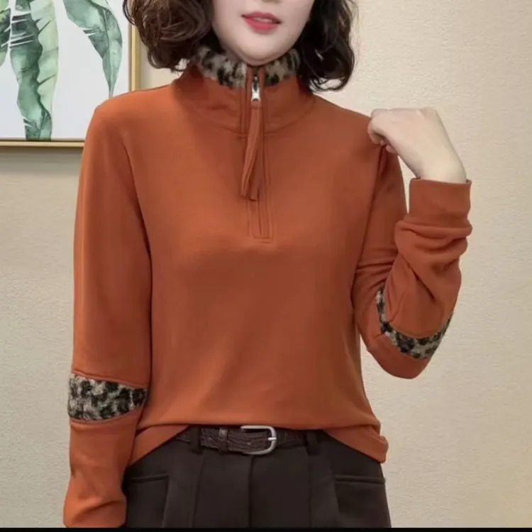 冬季新款时尚拼色豹纹拉链长袖加绒保暖百搭气质显瘦女上衣内搭厚