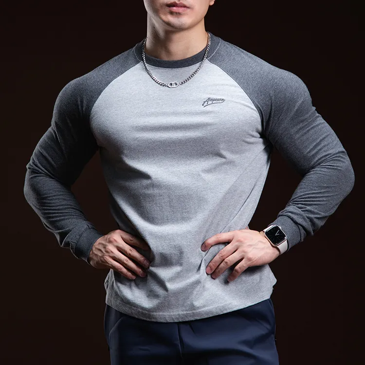 BARBRO撞色长袖T恤男士秋季新款运动健身肌肉美式复古拼色打底衫