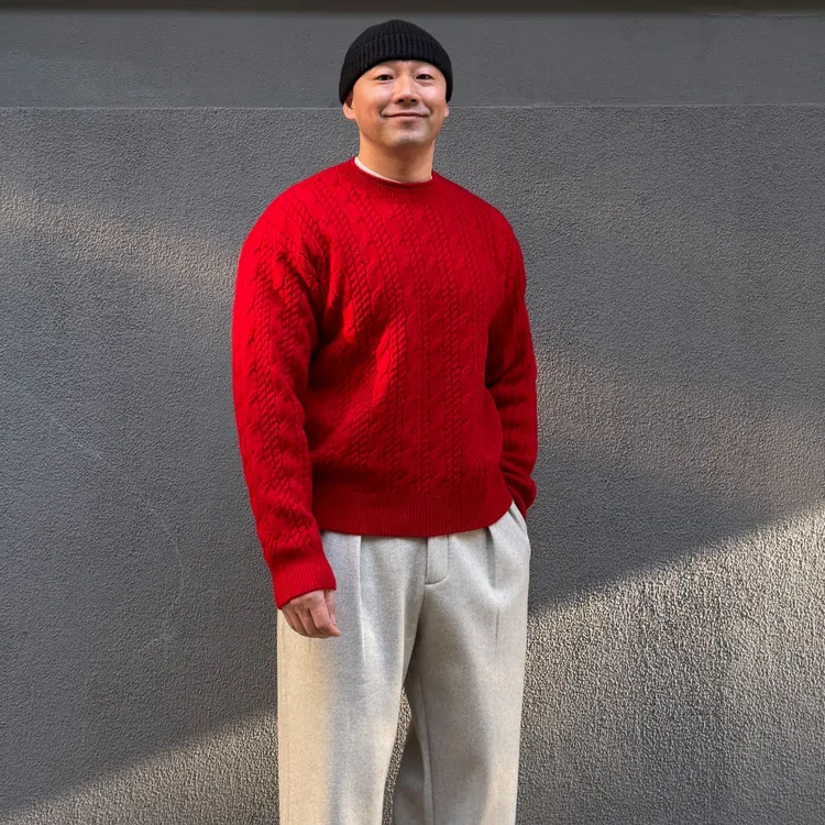 全羊毛双针圆领绞花针织衫男士新年红色毛衣长袖休闲百搭