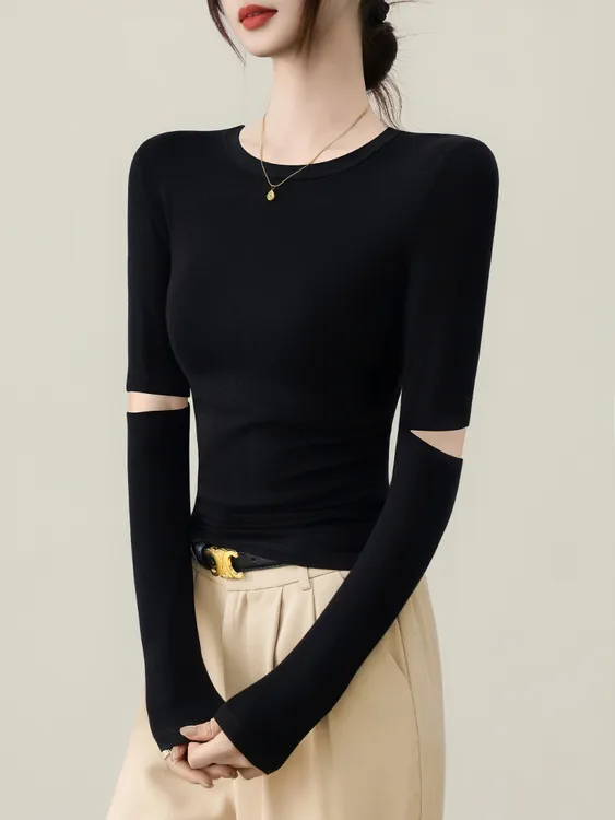 针织小圆领长袖打底衫女2025新款秋冬内搭黑色镂空设计感百搭上衣