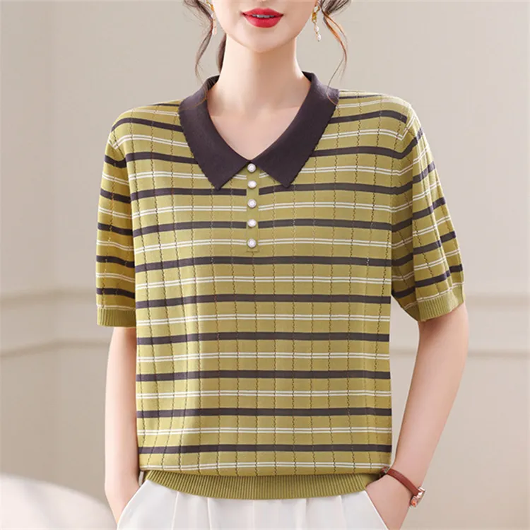 条纹短袖t恤女夏季新款妈妈装莱赛尔天丝翻领针织衫宽松半袖上衣