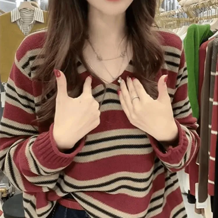 秋季新款撞色条纹V领针织打底衫时尚韩版套头减龄休闲慵懒风上衣
