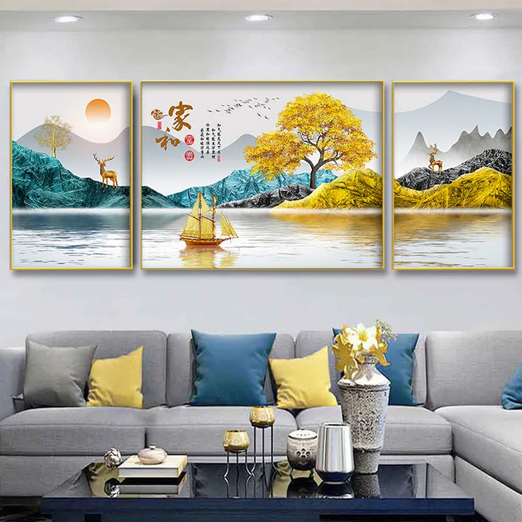 现代简约轻奢三联画新款高档大气客厅沙发背景墙挂画富贵好寓意画