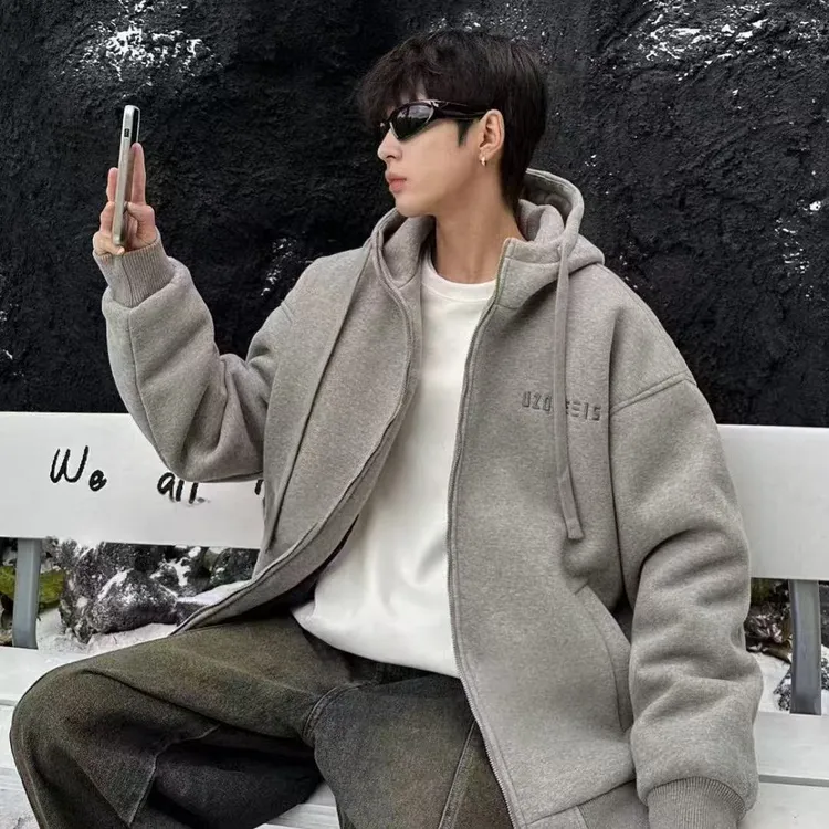 青少年简约潮流连帽卫衣拼接开衫外套加棉加厚休闲百搭情侣ins