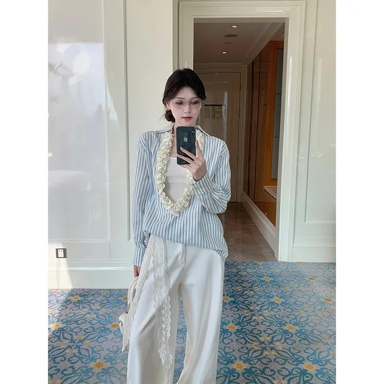 韩系ins早秋高级感V领花边蓝白条纹拼接长袖衬衫高腰休闲阔腿裤子