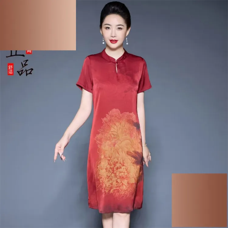 洋气时尚宽松款夏季桑蚕丝高端妈妈连衣裙女中长款宽松遮肚子印花