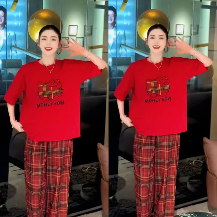 新款女士睡衣居家服饰套装时尚洋气卡通图案宽松大码网红爆款睡衣