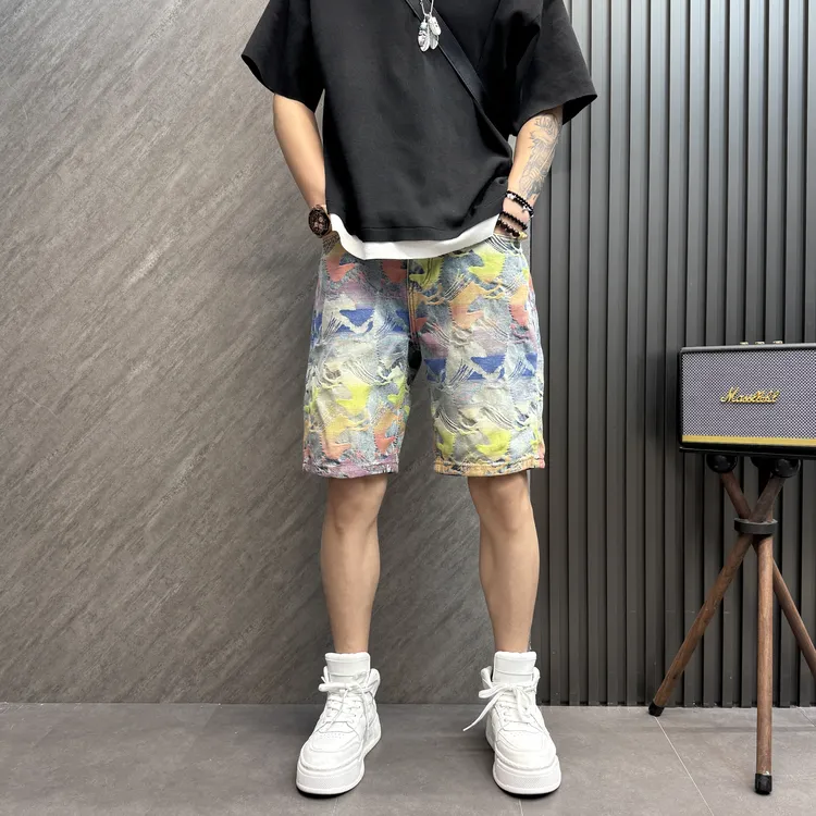 DAFIFY宽松美式爆款潮牌五彩提花牛仔美式夏季男款提花牛仔裤短裤