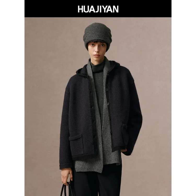 华吉言/HUAJIYAN【帕尼尼】真两件羊毛连帽毛织开衫棉服外套