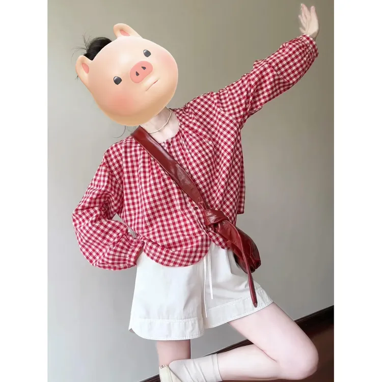 时髦轻熟风穿搭两件套装早春款新款宽松显瘦格子衬衫小个子短裤子