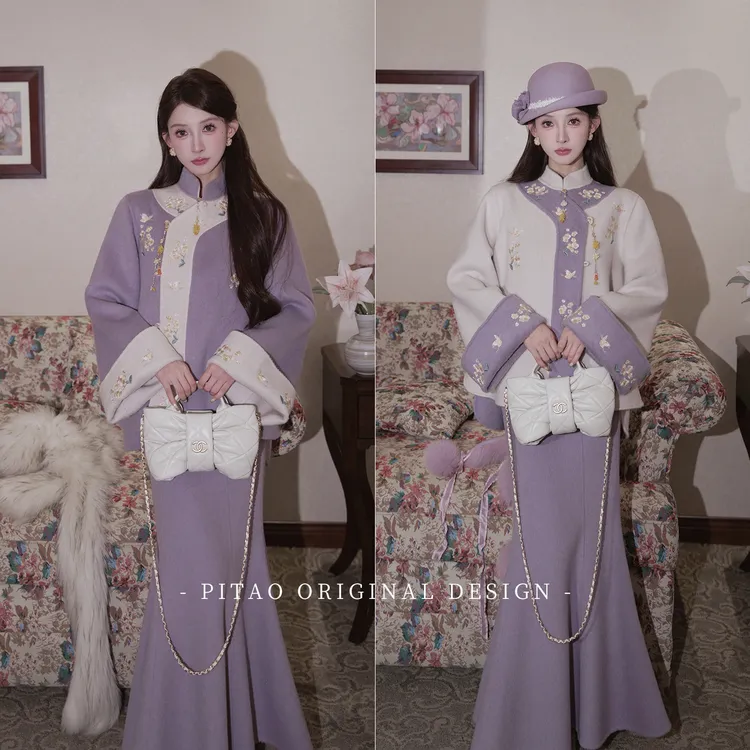 杜屁屁桃PITAO 原创【紫玉秋香】冬圆领短款100绵羊毛毛呢外套半裙