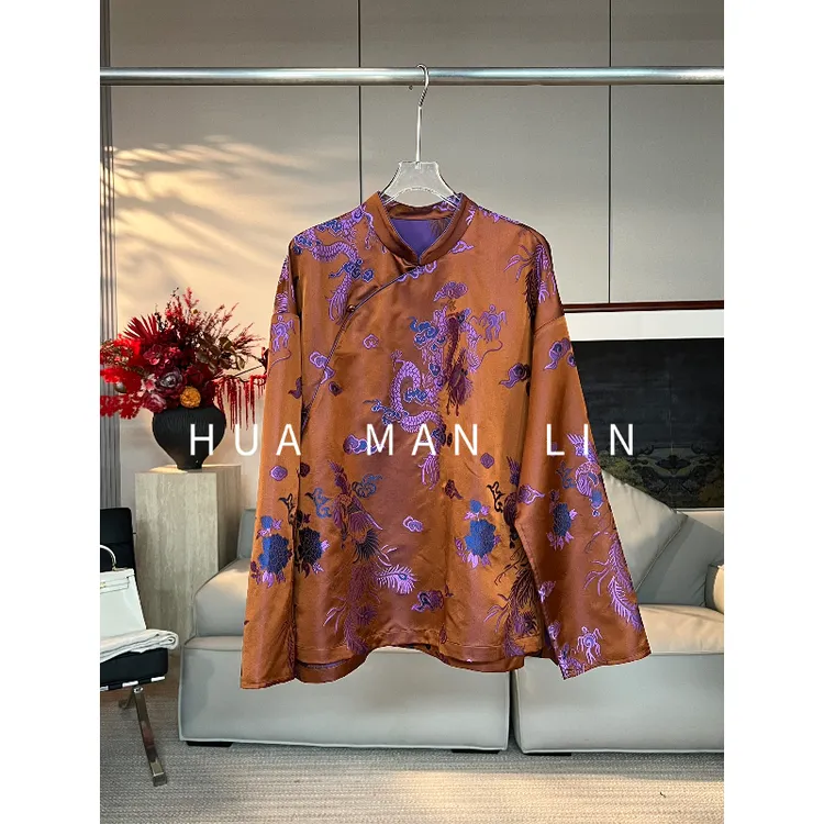 【花滿林】小立领斜门襟咖色老缎真丝桑蚕丝上衣268596