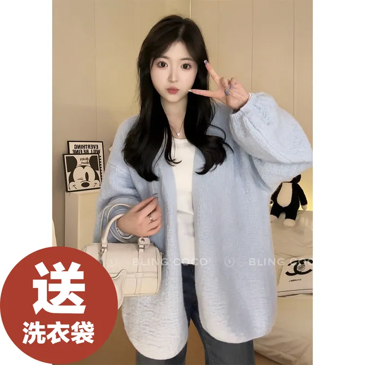 【工厂现货直发】2025秋冬新款树皮纹泡泡袖短外套慵懒风针织衫开衫