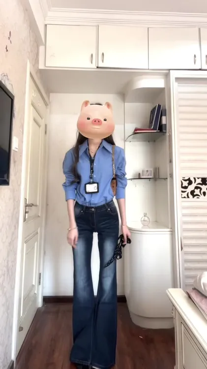 蓝色春秋衬衫女2025新款叠穿长袖气质设计感衬衣上衣牛仔裤套装