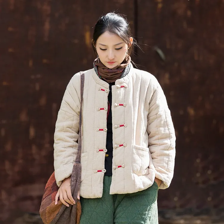 双层棉肌理感立领竖格盘扣棉袄夹棉加厚中式棉服外套复古棉衣保暖