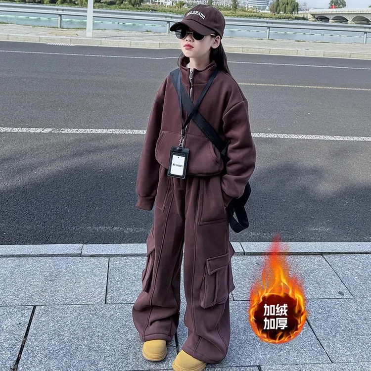 女童冬装韩版休闲工装裤套装2025新款大童洋气儿童加绒加厚两件套