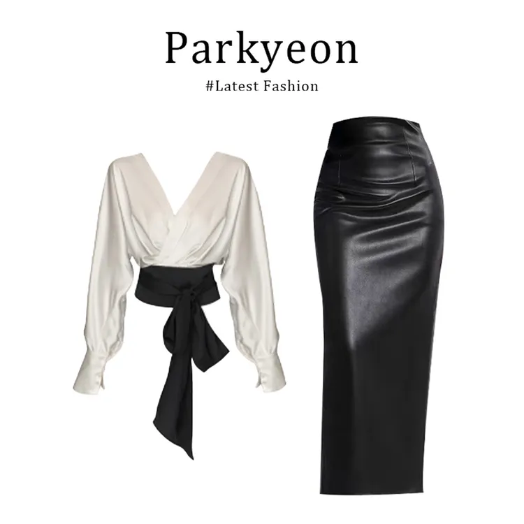 法式V领蝙蝠袖绑带收腰长袖上衣百搭半身裙秋季爆款套装