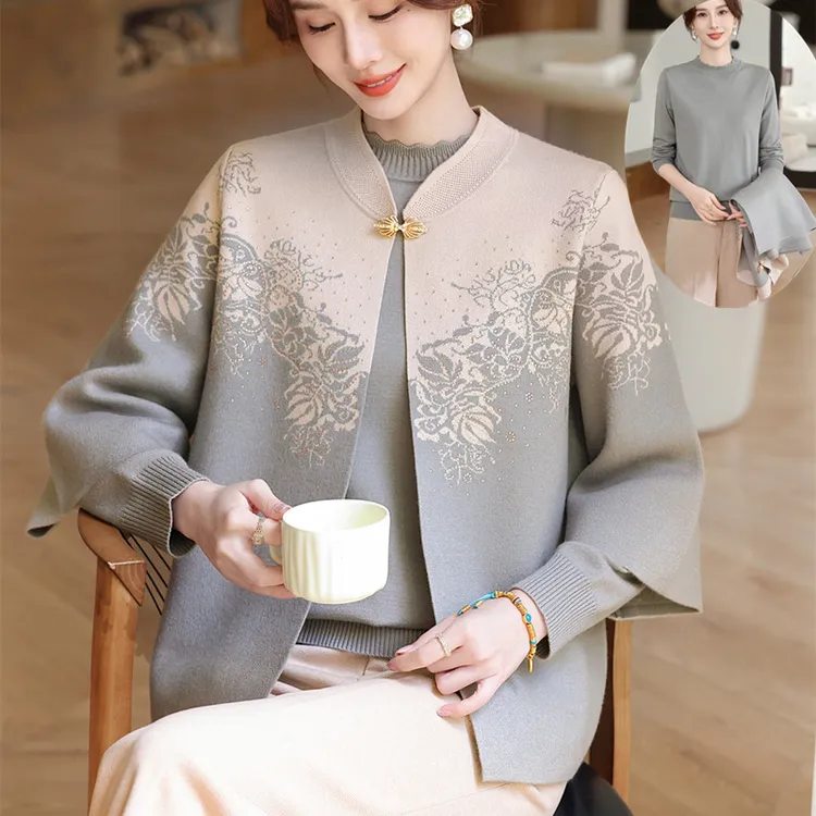 2025新款妈妈秋装针织开衫两件套中老年人女装洋气高贵上衣外套装