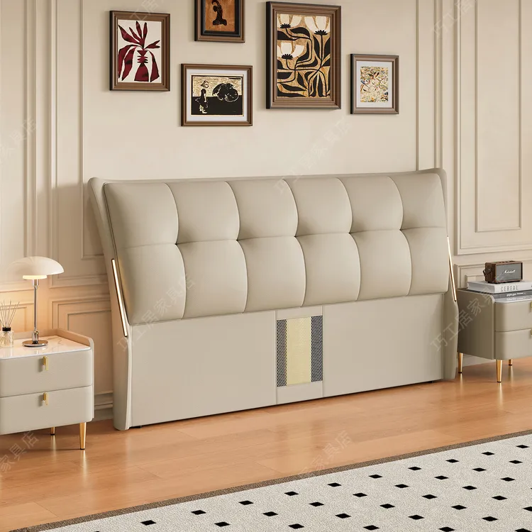 皮艺真皮大床皮艺双人床皮床床头板意式一体主卧实木床头软包床头