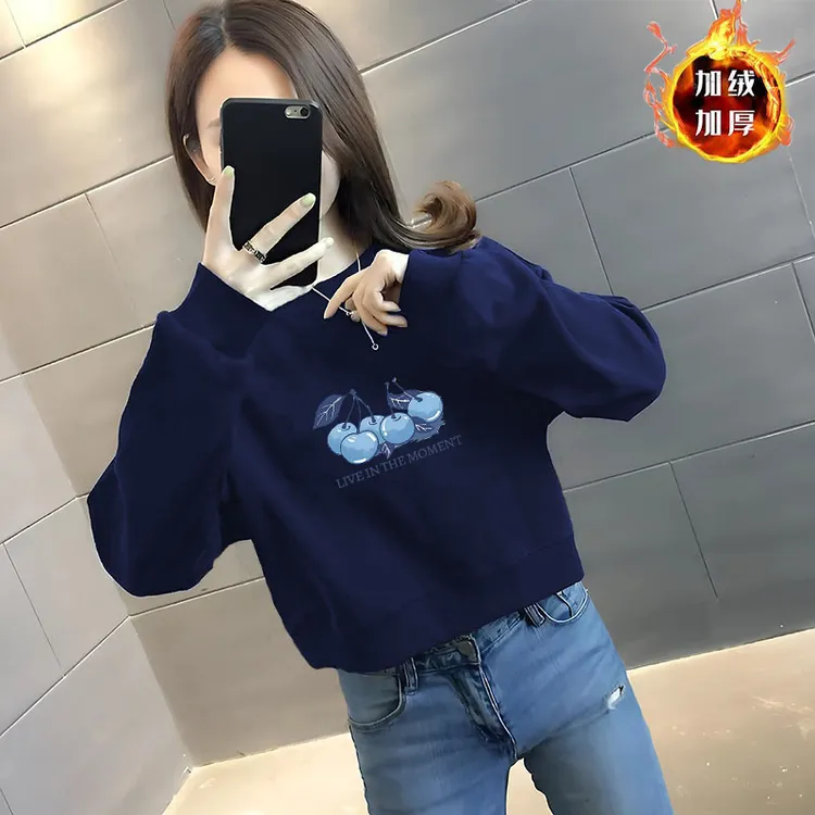 华棉圆领加绒/不加绒2025春秋新款女士大码短款卫衣印花别致外套