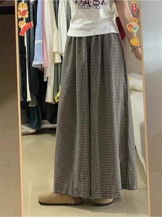 慵懒风格子裙裤女夏季新款胖mm遮胯显瘦梨型身材宽松九分阔腿裤