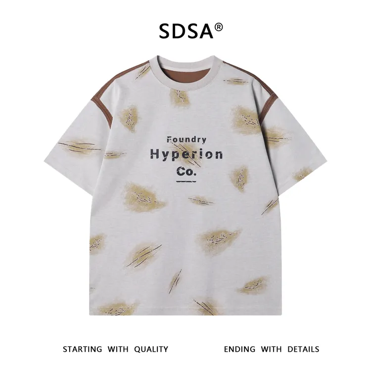 夏季高级感新款美式磨破撞色印花字母圆领短袖T恤百搭潮流上衣