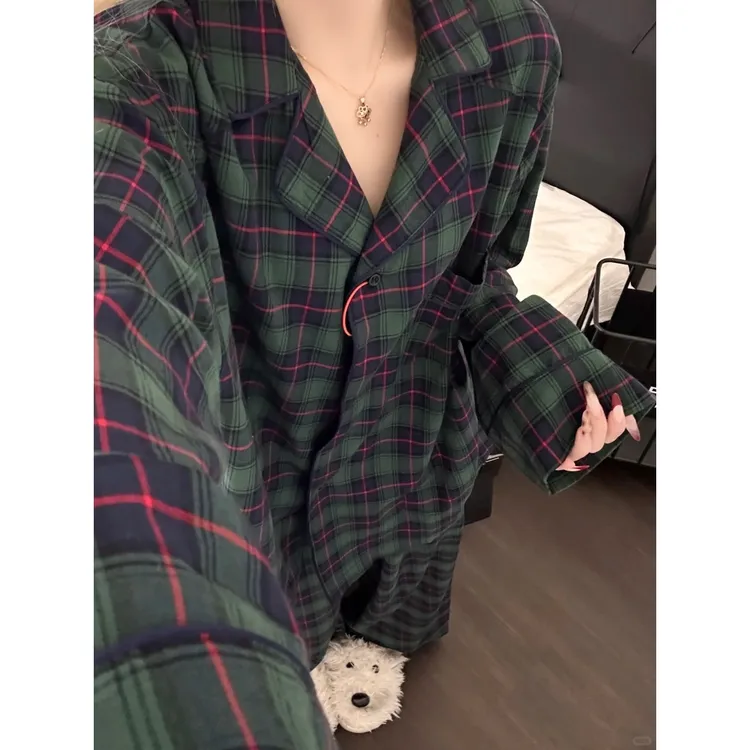 韩系少女格纹睡衣女2025秋冬季新款大码保暖长袖长裤家居服可外穿