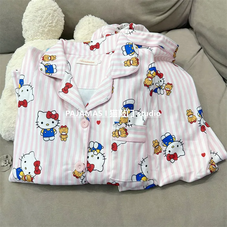 韩版条纹kt猫德绒保暖睡衣女春秋冬季甜美可爱加厚毛绒加绒家居服