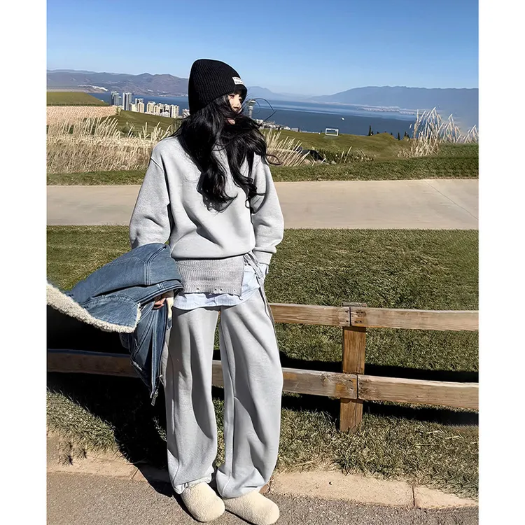 韩版2026冬季新款时尚圆领宽松卫衣＋针织屁帘花边休闲卫裤套装女