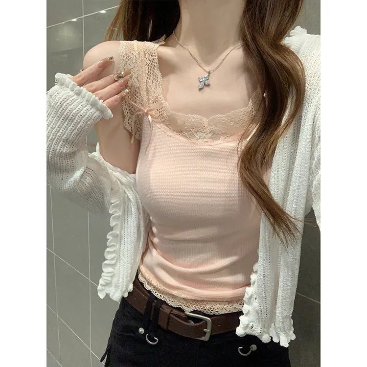 性感辣妹蕾丝花边吊带背心女夏季蝴蝶结修身内搭纯欲方领打底上衣