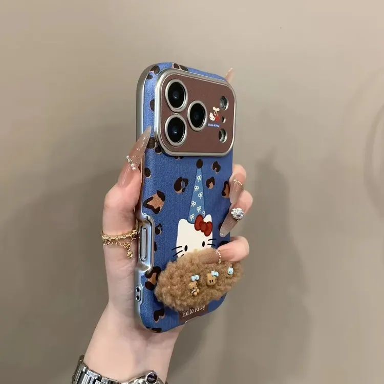 潮酷时尚蓝色豹纹长帽Kitty猫腕带适用iPhone17pro苹果14手机壳16