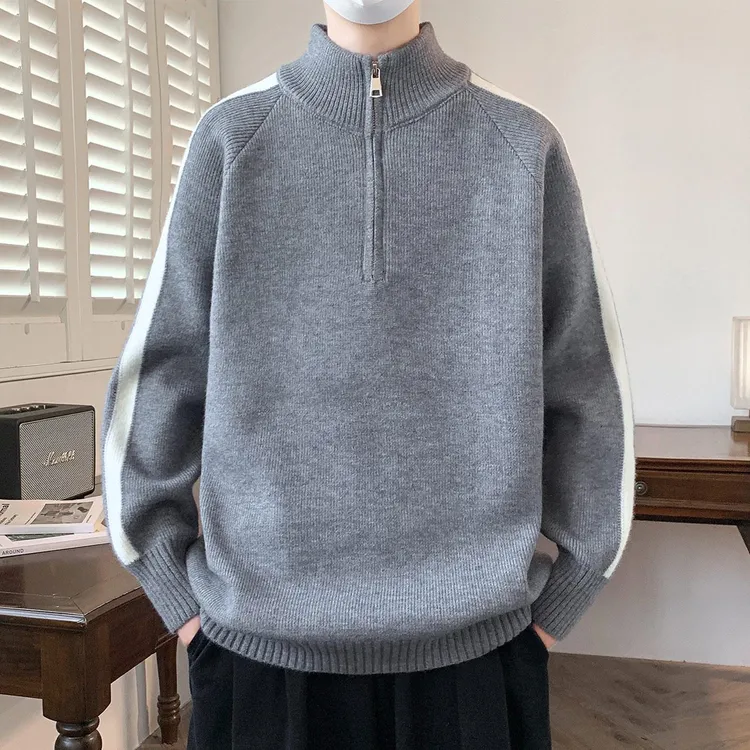毛衣男青少年秋冬季新款半拉链立领针织衫男生韩系灰色立领毛线衣