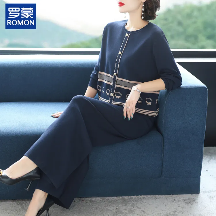 罗蒙时尚气质妈妈装秋装圆领套装40-50岁针织上衣中老年女两件套 