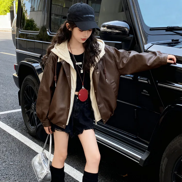 女童加绒皮衣外套2025新款秋冬洋气中大童韩版假两件连帽皮夹克潮