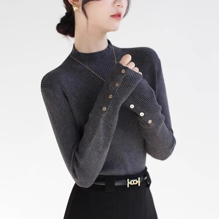 法式高级简约纽扣半高领针织衫女2025秋冬新款显瘦内搭毛衣打底衫