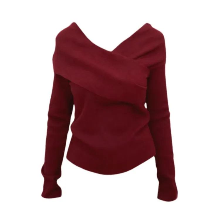 红色新年不规则V领针织衫女修身显瘦内搭时尚打底上衣女衣服K2-86