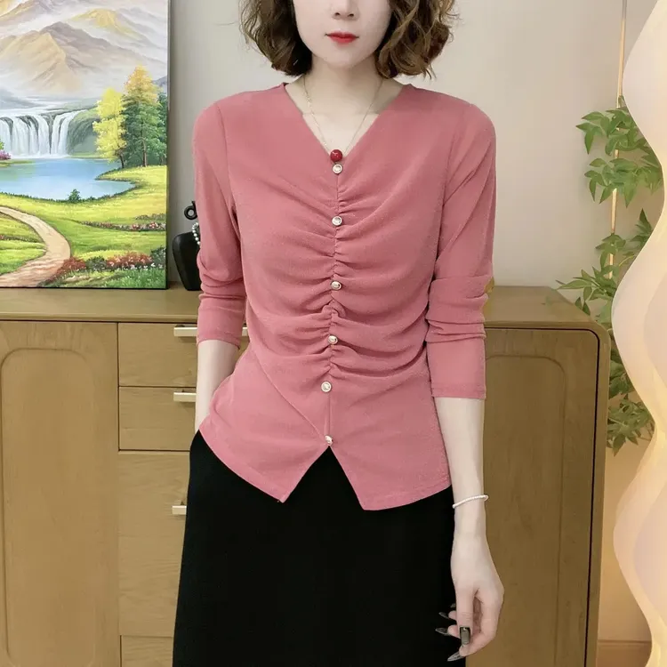 秋季爆款纯色弹力网纱修身V领套头长袖时尚妈妈装打底衫