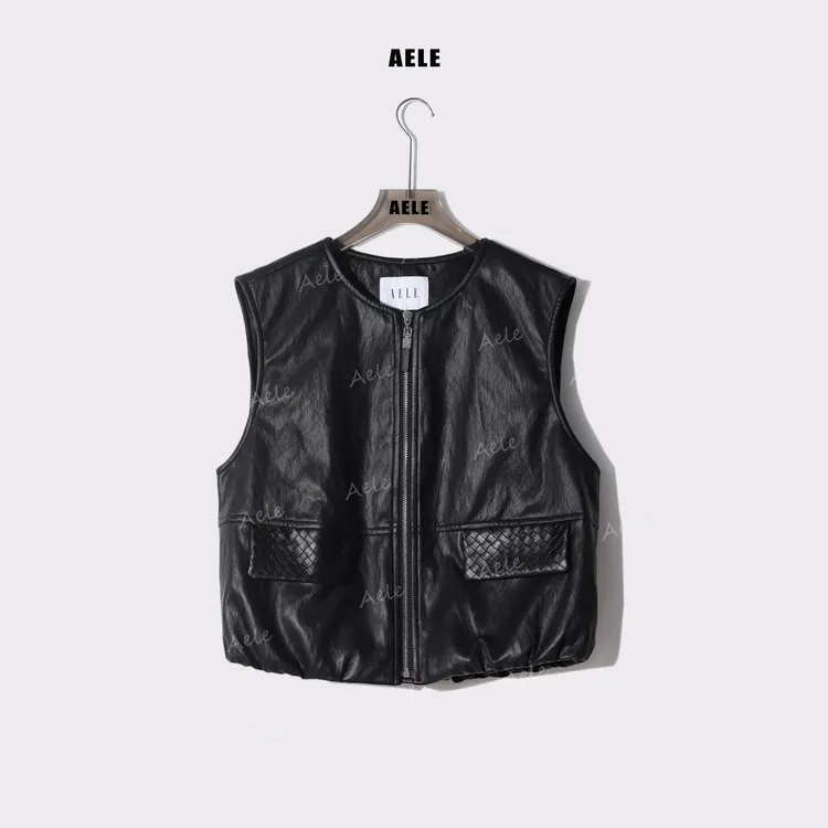 AELE设计师款无袖拉链圆领黑色马甲 皮夹克马甲 J853 2307 AD