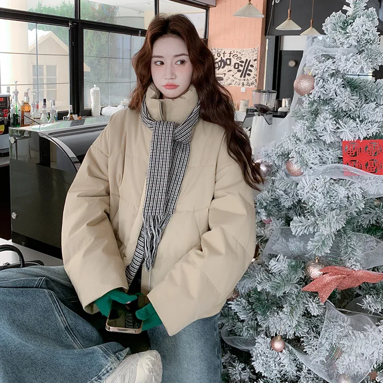 韩系设计感短款立领羽绒服女2025冬季新款宽松小个子白鸭绒面包服