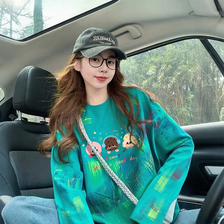 大码女装扎染设计感纯棉长袖t恤女洋气减龄卡通印花显瘦上衣ins潮