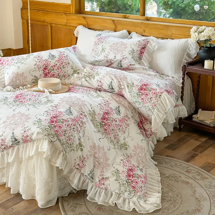 【真珍】爱丁堡 全棉纯棉韩版公主风被套床单防滑床裙款床上四件套