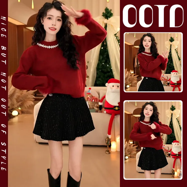 过年穿搭一整套女2025新款新年红色珍珠圆领针织衫高腰半裙两件套