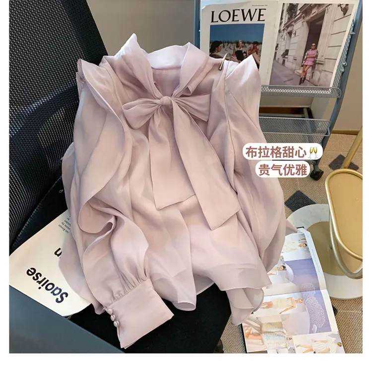 法式荷叶边系带蝴蝶结衬衫女春季新款宽松百搭小香风长袖上衣