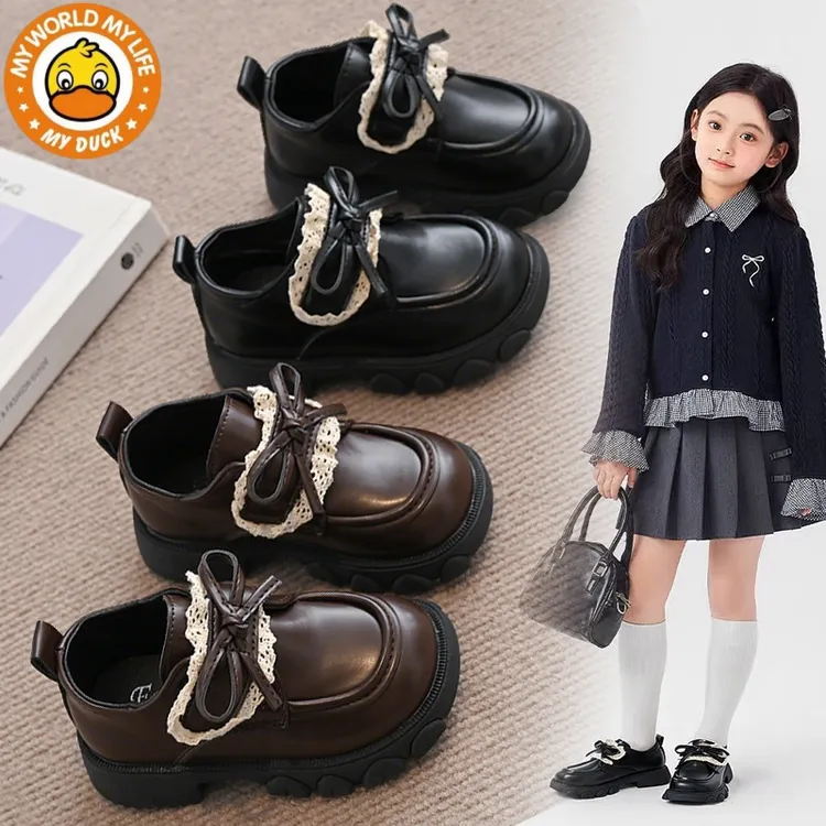 小黄鸭女童公主鞋2025秋冬新款小皮鞋百搭乐福鞋中小童加绒单鞋