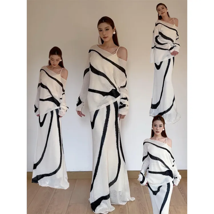 parkyeon慵懒松弛感条纹罩衫上衣女秋季新款宽松显瘦半身裙套装