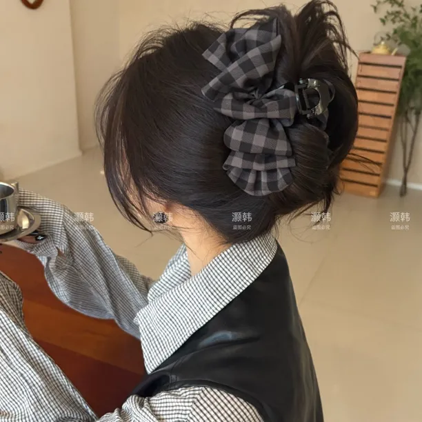 格纹泡泡抓夹～韩系格子云朵泡泡抓夹大号发量大后脑勺鲨鱼夹半扎