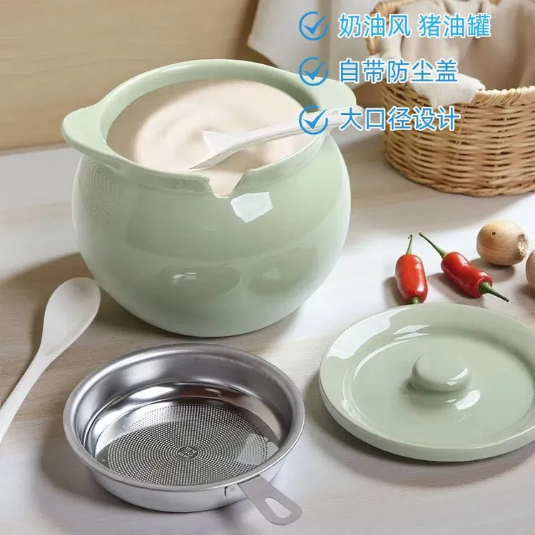 陶瓷装猪油罐坛子双耳带盖家用耐高温荤油罐厨房陶瓷储油罐油泼罐